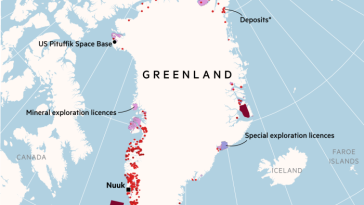 Mapa de Groenlandia que muestra depósitos de minerales y petróleo.