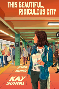 La ilustración muestra a una mujer sosteniendo un libro, parada en un andén del metro. Ella está mirando un tren, mientras los viajeros esperan a su alrededor.