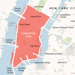 Un mapa de la ciudad de Nueva York, señalando su zona de precios de congestión y varios puentes y túneles