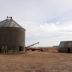 Dos silos de grano grande y un viejo cobertizo se sientan en un área seca y cubierta de hierba con amplios campos planos en el fondo bajo un cielo parcialmente nublado