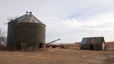 Dos silos de grano grande y un viejo cobertizo se sientan en un área seca y cubierta de hierba con amplios campos planos en el fondo bajo un cielo parcialmente nublado