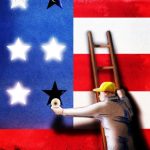 Ann Kiernan illustration of a worker on a ladder changing blown light bulbs in the stars of the American flag.