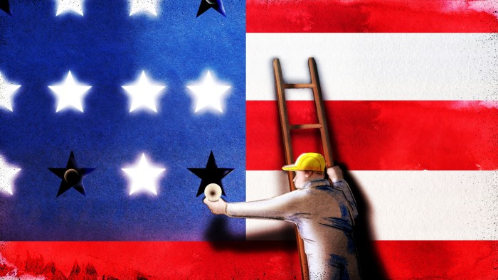 Ann Kiernan illustration of a worker on a ladder changing blown light bulbs in the stars of the American flag.