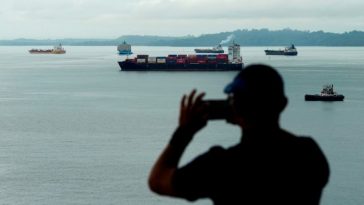 A tourist looks at a cargo ship sailing through the Agua Clara Locks of the Panama Canal