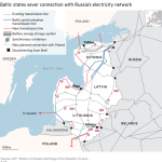 Los estados bálticos se encuentran la conexión con la red eléctrica de Rusia. Mapa de la región báltica que muestra líneas de transmisión de electricidad para Estonia, Letonia y Lituania