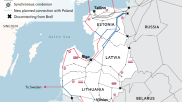 Los estados bálticos se encuentran la conexión con la red eléctrica de Rusia. Mapa de la región báltica que muestra líneas de transmisión de electricidad para Estonia, Letonia y Lituania