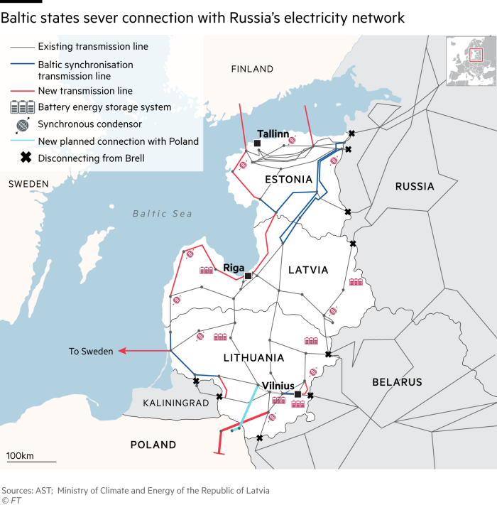 Los estados bálticos se encuentran la conexión con la red eléctrica de Rusia. Mapa de la región báltica que muestra líneas de transmisión de electricidad para Estonia, Letonia y Lituania